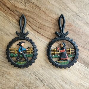 Vintage Cast Iron Amish Man and Amish Woman Trivet Wall Decor